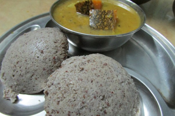 Idlis made of ragi (finger millet), sama (little millet), rice and urad (black gram), served with sambar. 